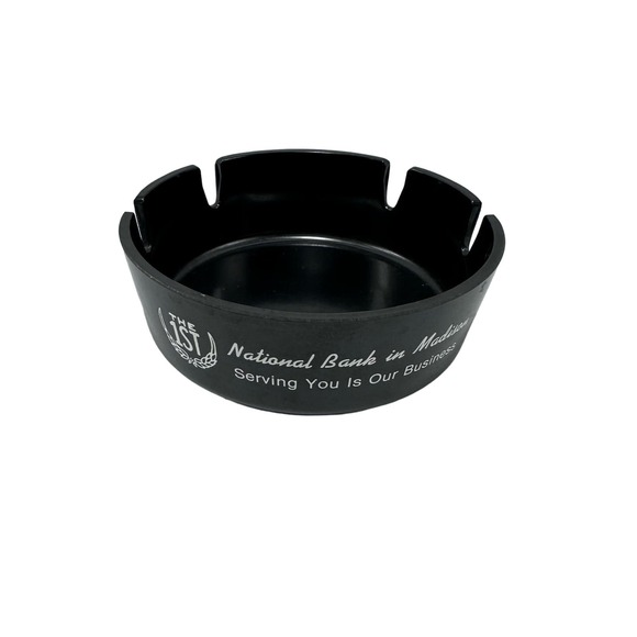 Vintage USA Advertising Ashtray- The 1st National‎ Bank in Madison black plastic - Picture 1 of 6
